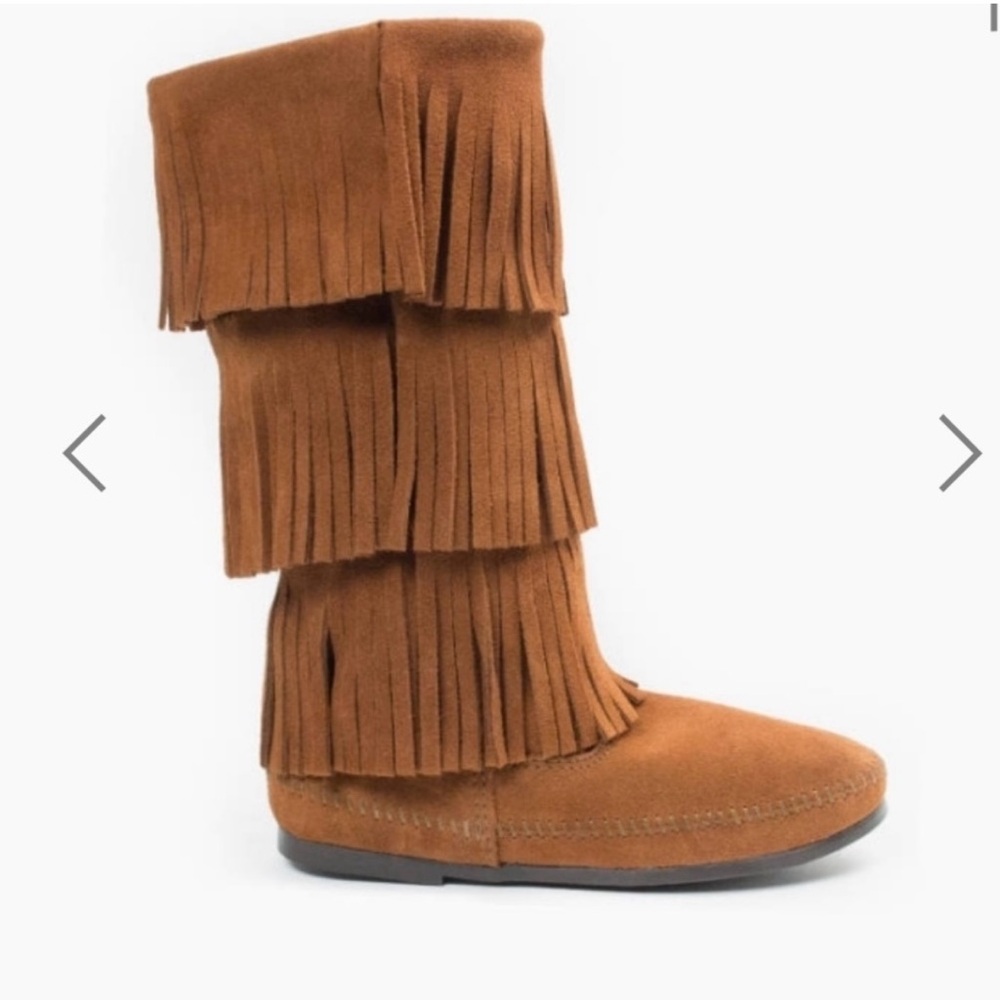 Minnetonka Triple Fringe Suede Moccasin Boots - Chestnut - Picture 3 of 11
